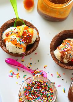 three desserts with sprinkles and ice cream