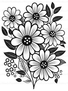 a black and white drawing of flowers