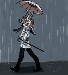 a drawing of a woman walking in the rain while holding an umbrella over her head