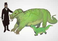 a man riding on the back of a green dinosaur next to a small green dinosaur