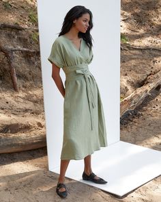 Wrap Dress Styling, Kimono Inspired Dress, Midi Linen Dress, Green Linen Dress, Dress Styling, Wrap Dress Styles, Linen Wrap Dress, Bohol, Belted Shorts