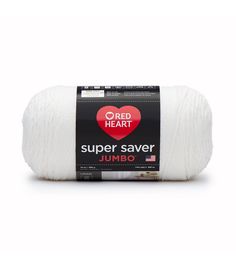 the red heart super saver jumbo yarn is white and has a red heart on it