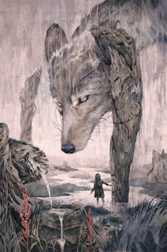 a drawing of a wolf standing next to a tree