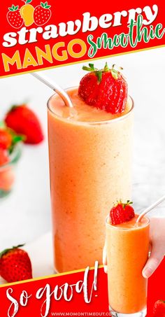 there is a smoothie with strawberries on the top and mango in the bottom