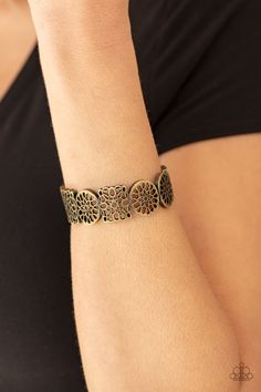 Brushed in an antiqued shimmer, a collection of mandala-like brass frames connect into a bold cuff-like bracelet around the wrist. Features a hinged closure.

 Sold as one individual bracelet. Brass Frames, Filigree Jewelry, Brass Bracelet, Hinged Bracelet, Paparazzi Accessories, Stretchy Bracelets, Chic Jewelry, Paparazzi Jewelry, Brass Frame