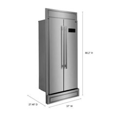 a stainless steel refrigerator is shown with measurements