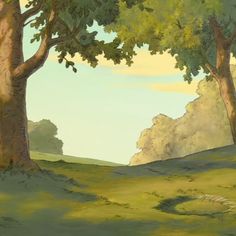 an animated scene with trees in the foreground and grass on the ground below it