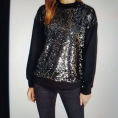 Sanctuary Last Dance Sequined Sweatshirt In Black, High Neck, Long Sleeve, Cotton/ Polyester New Year’s Eve Outfit, Sequined Sweatshirt, Sparkly Sweater, Fashion Jackson, Eve Outfit, Loose Knit Sweaters, Sequin Sweater, New Years Eve Outfits, Womens Sweater