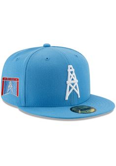 Material: 100% Polyester High Crown Structured fit Flat bill Fitted Raised embroidery Six panels with eyelets Contrast color underbill Embroidered graphics Machine wash, tumble dry low Officially licensed Imported Brand: New Era Houston Oilers, Raised Embroidery, Fitted Hat, Fitted Hats, New Era, Contrasting Colors, Houston, Light Blue, Crown