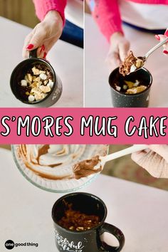 there is a collage of photos with the words s'mores mug cake