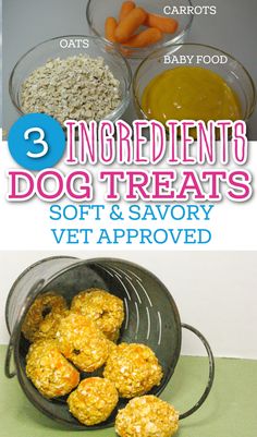 there are three different types of dog treats in bowls and on the table is carrots, oatmeal, baby food