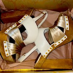 Gorgeous Heels By Miu Miu Wood Platform Cushion Was Added Can Be Removed And Cleaned Or Replaced. Used Gently Silk And Leather No Studs Missing Rose Colored And Cream With Gold Wear Gorgeous Heels, Miu Miu Shoes, Cream And Gold, Red Gold, Miu Miu, Women Shoes, Silk, Cream, Heels