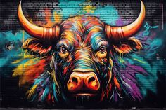 a bull painted on the side of a brick wall with colorful paint splatters