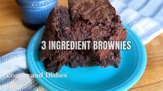 three ingredient brownies on a blue plate