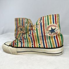 1980s Candy-Stripe and Gold Lurex Thread Converse Made in USA Vintage, size 5 | eBay 1980s Candy, 1980s Accessories, Vintage Shoes Women, Fashion 1980s, Funky Outfits, Retro Shoes, Candy Stripes