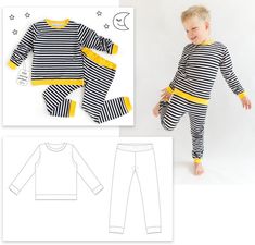 a child's top and pants sewing pattern with the image of a boy in striped pajamas