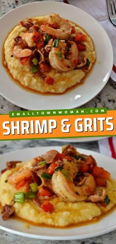 shrimp and grits on top of mashed potatoes