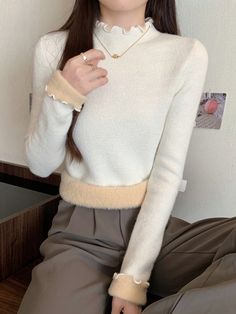 Women's Plain Round Neck Long Sleeve Thick Fleece Lined Sweater, Autumn Winter,Long Sleeve Tops White Casual  Long Sleeve Knitwear Colorblock,Plain Pullovers High Stretch  Women Clothing, size features are:Bust: ,Length: ,Sleeve Length: Winter White Long Sleeve Sweater, White Long Sleeve Winter Sweater, Cozy Winter White Long Sleeve Sweater, White Harajuku Long Sleeve Hoodie, White Long Sleeve Harajuku Hoodie, Sweater Autumn, Mary Jane Shoes Womens, Elegant Skirt, Ribbed Knit Sweater