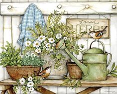 a painting of flowers and watering can on a bench