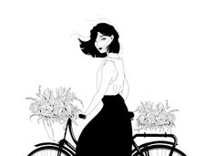 a black and white drawing of a woman riding a bike with flowers in the basket