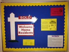 a blue and yellow bulletin board with signs on it that say, welcome home residents