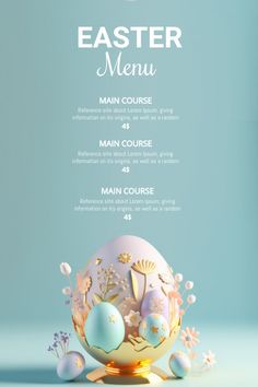 an easter menu is shown with eggs and flowers on the table, in front of a blue background