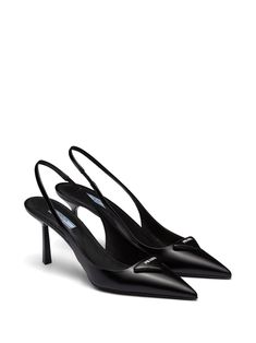 Prada logo-plaque Slingback Pumps - Farfetch Prada High Heels, Prada Heels, Prada Logo, Triangle Logo, Dress Shoes Womens, Slingback Heel, Prada Shoes, Dream Shoes, Slingback Pump