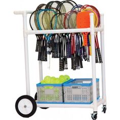 a rack with many tennis rackets and balls on it's wheels for storage