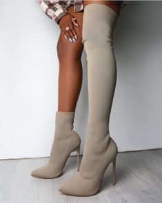 Heel Type: Thin HeelsBoot Type: Stretch BootsShaft Material: Cotton FabricSeason: WinterUpper Material: Cotton FabricBoot Height: Over-the-KneeToe Shape: Pointed ToeItem Type: BootsHeel Height: Super High (8cm-up)Closure Type: Slip-OnFit: Fits true to size, take your normal size Gold Wedding Shoes, White Shoes Men, Boots High Heels, Beige Sneakers, Knit Boots, Purple Shoes, Stiletto Boots, Boots High, Beige Shoes