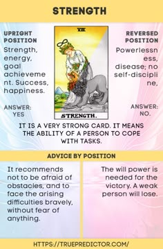 the tarot card for strength and power is shown in two different colors, one with an