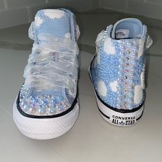 Custom Converse Designed With Ab Clear Sky Pearls, Ab White Pearls, And Ab Clear Rhinestones! Shoe Is Topped Off With Beautiful White Laces! Only Pair Available! Order Today For Next Day Shipping!! Bedded Converse, Bling Converse Toddler, Baby Blue Converse, Mickey Shoes, Quinceanera Shoes, Converse All Star Pink, Converse Design, Converse All Star Ox, Bedazzled Shoes