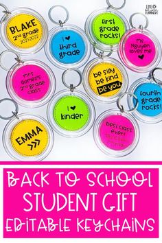 the back to school student gift key chains are colorful and have different words on them