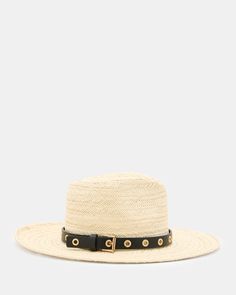 Keep the sun off your face, and look good at the same time. The Delilah is classic fedora shape woven from straw. A leather hat band is around the middle and decorated with gold-tone eyelets. This is luxe accessory is the best way to elevate your outfits on sunny days  Fedora hat Leather hat band Metal hardware eyelets Engraved logo roller buckle Gold Flat Brim Hat Bands For Summer, Gold Hat Bands With Flat Brim For Summer, Gold Flat Brim Panama Hat For Summer, Gold Short Brim Panama Hat For Summer, Gold Panama Hat With Flat Brim For Summer, Gold Chic Straw Hat With Flat Brim, Chic Gold Straw Hat With Flat Brim, Gold Fedora Straw Hat For Vacation, Gold Fedora Straw Hat For Summer