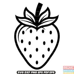 a black and white drawing of a strawberry with polka dots on the side, in front of