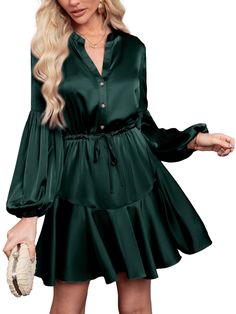 PRICES MAY VARY. 💝💝You'll be swept off your feet in the perfect little satin mini dress! This long sleeve Swing Party dress is finished in a soft, skin-friendly, and no stretchy noble satin fabric(95% Polyester and 5% elastane). 💝💝Live your life in absolute luxury and throw on our semi formal puff sleeve Dress. The long sleeve club satin Dress is a v-neck, mini length, V neck, Button Down design that showcases a beautiful satin material that drops with the wind. 💝💝You're too irresistible i Wedding Guest Cocktail Dress, Satin Long Sleeve Dress, White Off Shoulder Dress, V Neck Mini Dress, Maxi Lace Skirt, Satin Long Sleeve, Silky Dress, Satin Prom Dress, Silk Mini Dress