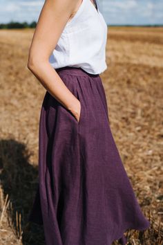 Prague Skirt Wide Linen Skirt Long Linen Skirt Boho | Etsy Long Skirt With Pockets Pattern, Solid Color Tiered Skirt With Pockets, Purple Flared Skirt For Summer, Summer Purple Flared Skirt Bottoms, Casual Purple Skirted Bottoms, Purple Relaxed Summer Skirt, Casual Purple Midi Skirt, Purple Pleated Maxi Skirt, Purple Full Skirt Bottoms For Spring