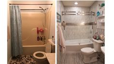 before and after photos of a bathroom remodel with tile flooring, shower curtain, toilet