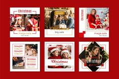 six christmas cards with different pictures and words in red, white and gold on them