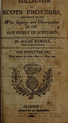 an old book with writing on the front and back cover, which reads collection of scots provees