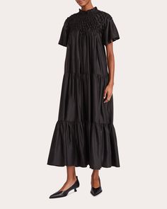 Bejart Smocked Midi Dress Cotton Silk Dress, Ruffled Collar, Gathered Skirt, High Point, Flutter Sleeves, Cotton Silk, Flutter Sleeve, Smocking, Black Dress