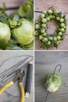 four pictures with different types of vegetables and tools to make it look like they are made out of wood