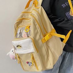 Aesthetic School Backpack - Pastel Kitten Trendy Nylon Backpack For Study, Casual Nylon Backpack For Study, Beige Nylon School Bags, Beige Nylon Bags For School, Nylon Backpack For Study With Large Capacity, Large Capacity Nylon Backpack For Study, Large Capacity Beige Nylon Backpack, Beige Rectangular Nylon Backpack, Casual Yellow Nylon Backpack