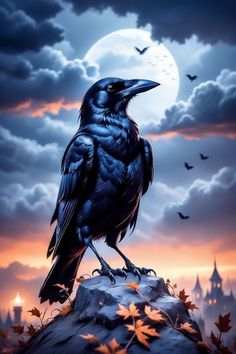 a black crow sitting on top of a rock in front of a full moon and bats