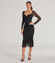 Elegantly chic, this ruched mesh midi dress features a square neckline with a V-wired center, sheer long fitted sleeves, and a bodycon silhouette to showcase your curves with a tiered ruffled hem for a stylish flair. Complete your cocktail party look with stiletto heels.Fit & FeaturesSheer mesh fabric with partial knit lining, plenty of stretchSquare neckline with V-wired centerSheer long fitted sleevesRuched side and back seamsMidi-length tiered ruffled hemBodycon silhouetteRuns true to siz Orange Homecoming Dresses, Sheer Sleeve Dress, Purple Homecoming Dress, Backless Dress Short, Green Homecoming Dresses, Mesh Midi Dress, Lace Dress Styles, White Homecoming Dresses, Homecoming Outfits