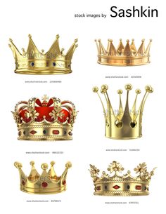 four different types of crowns with the names and numbers on them, all in gold