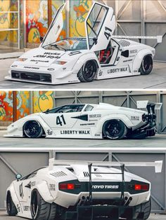 three different pictures of a white race car