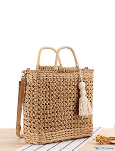 OrcaJump - Womens Shoulder Bag Top Handle Straw Bag Polyester Cotton Solid Color Daily Outing Camel Beige Straw Bag, Top Handle, Camel, Straw, Solid Color, Shoulder Bag, Pattern, Color