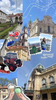 a collage of photos with buildings and people holding ice cream cones in front of them