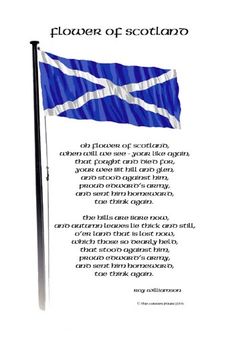 a blue and white flag flying in the wind next to a poem written on it