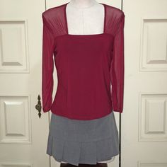 Suzie In The City Red Sheer Upper Body Long Sleeve Blouse Women's Size Petite Large (Pl) Nwt Red Fitted Top For Formal Occasions, Elegant Stretch Burgundy Tops, Fitted Burgundy Summer Blouse, Fitted Burgundy Blouse For Summer, Red Stretch Blouse For Fall, Fitted Burgundy Tops For Work, Upper Body, The City, Sleeve Blouse